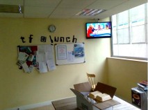 Corner mounted TV in lunchroom in Belfast City centre, installed by Aerial Installations and Services, Northern Ireland